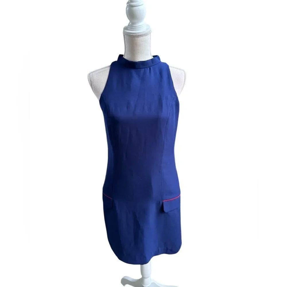 Sail to Sable Navy Sleeveless Shift Dress Red Poplin pockets Red Back Zipper 2